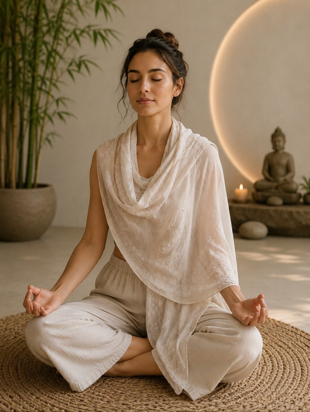 Light Cream Draped OM Mantra Buddah Shawl Wrap Scarf